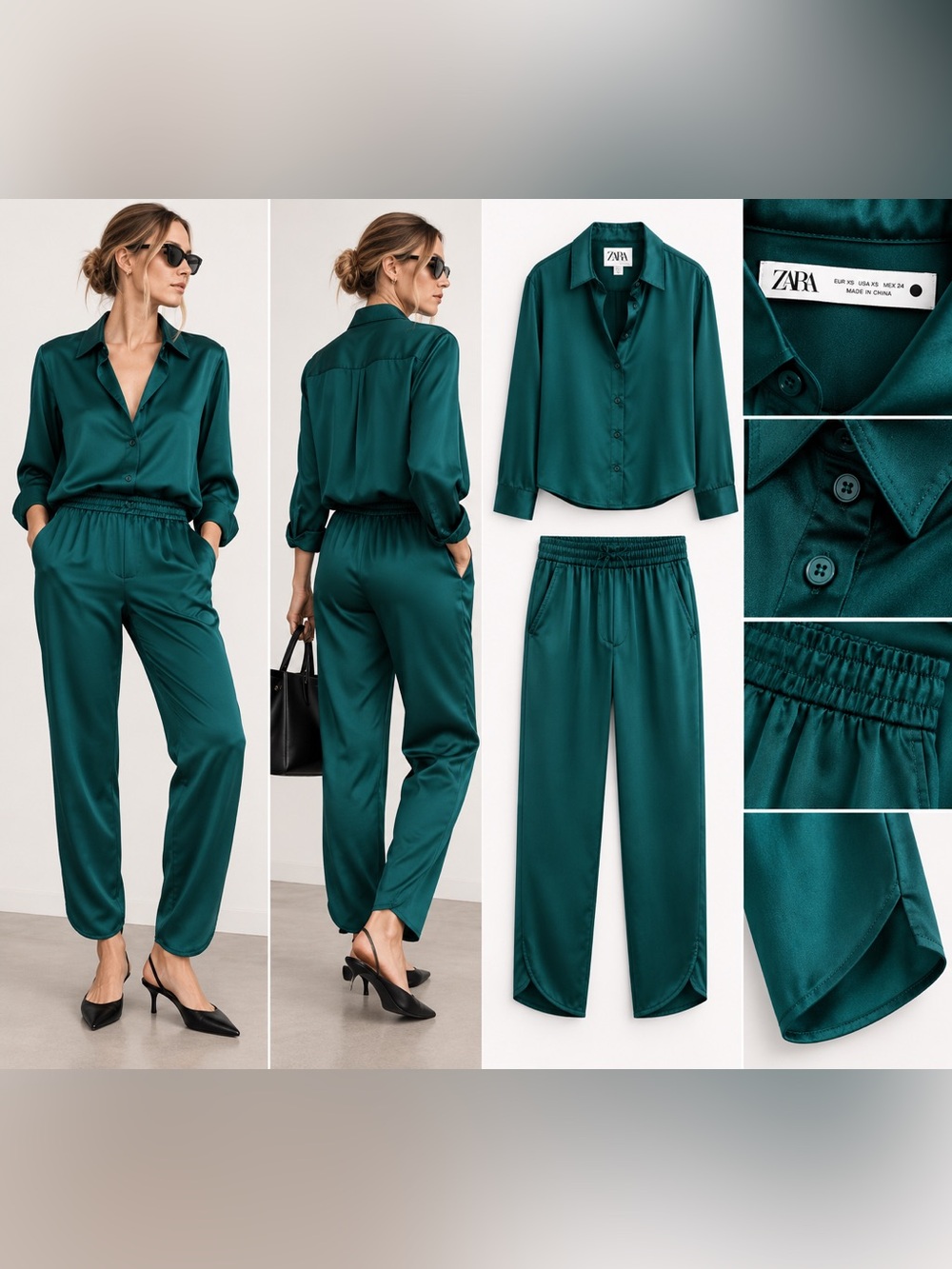 Zara Deep Teal Satin Shirt and Elastic-Waist Pants Set